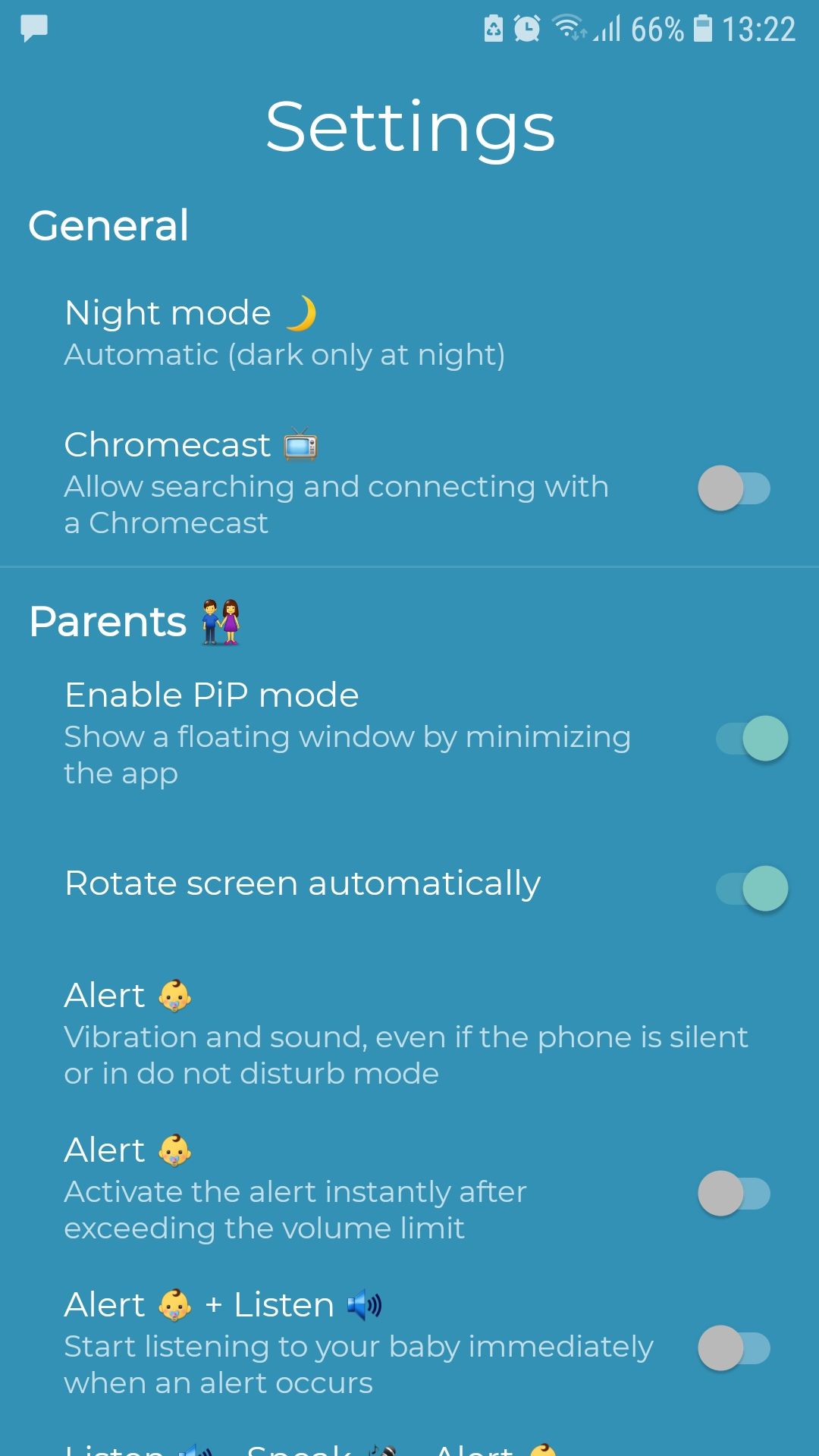 تنظیمات اپلیکیشن موبایل BabyCam baby monitor