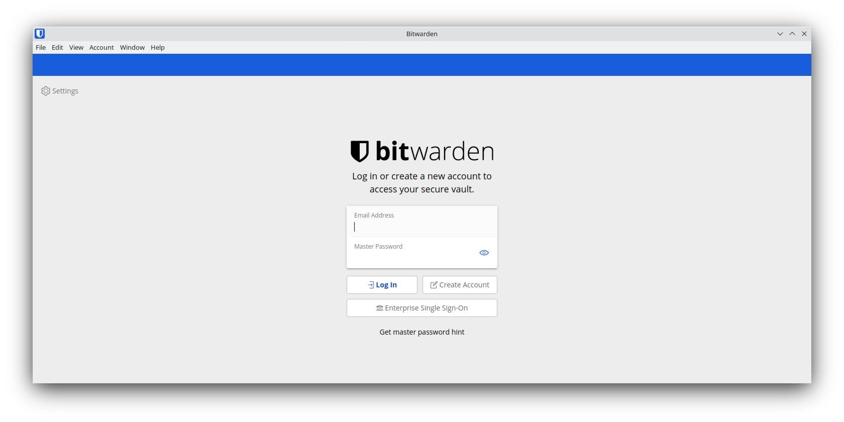 A Screenshot of the Bitwarden desktop app login screen.