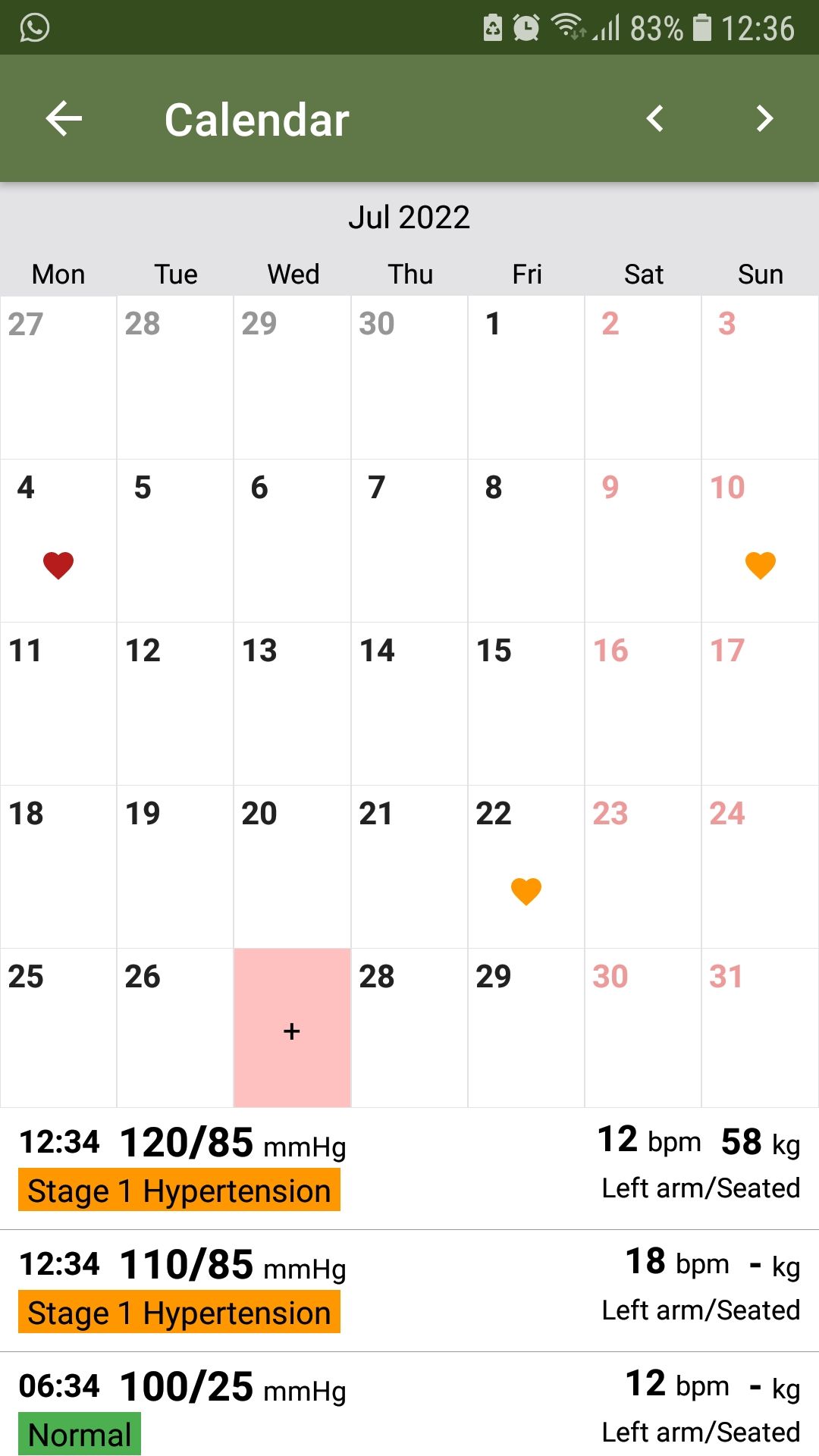 Blood Pressure Tracker mobile app calendar