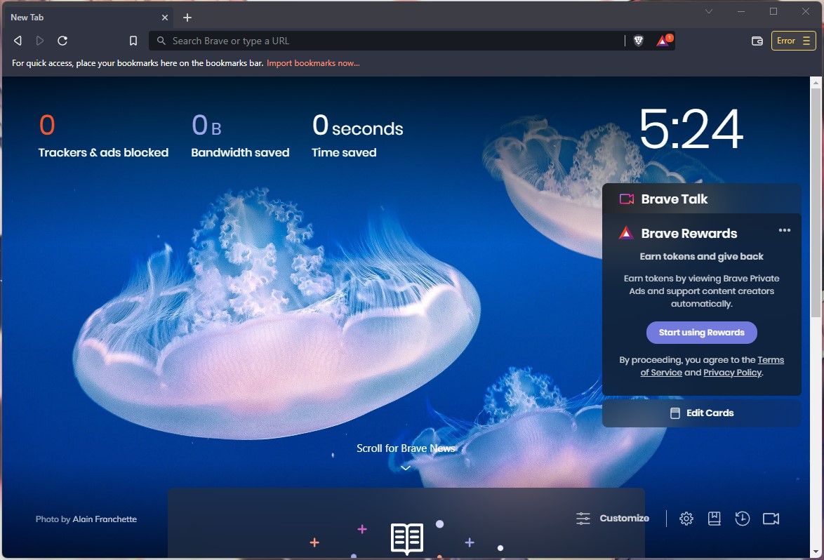 Brave browser Home Screen in Windows 11 