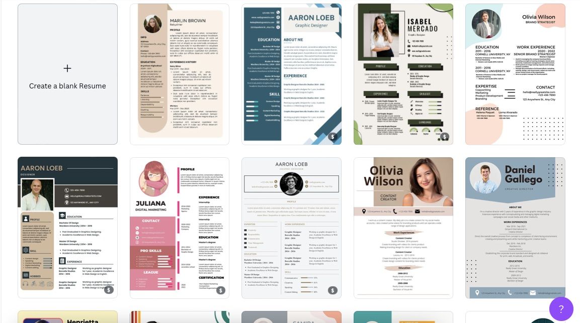 Screenshot of Canva resume templates