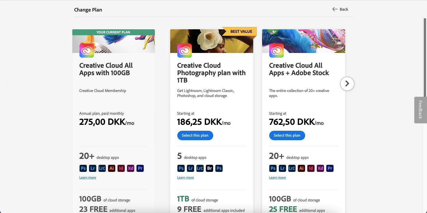 اسکرین شات پلان های مختلف را در Adobe CC نشان می دهد