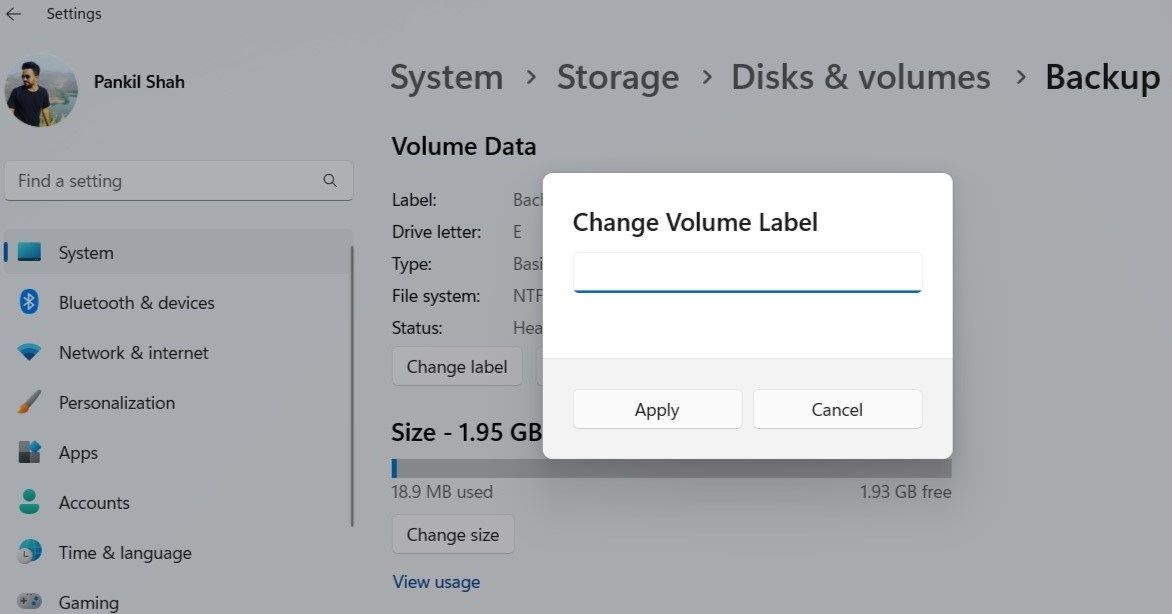 Change Volume Label box in the Settings App