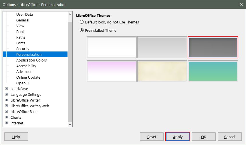 Choose Dark Menu Theme in LibreOffice under Tools > Options > Personalization