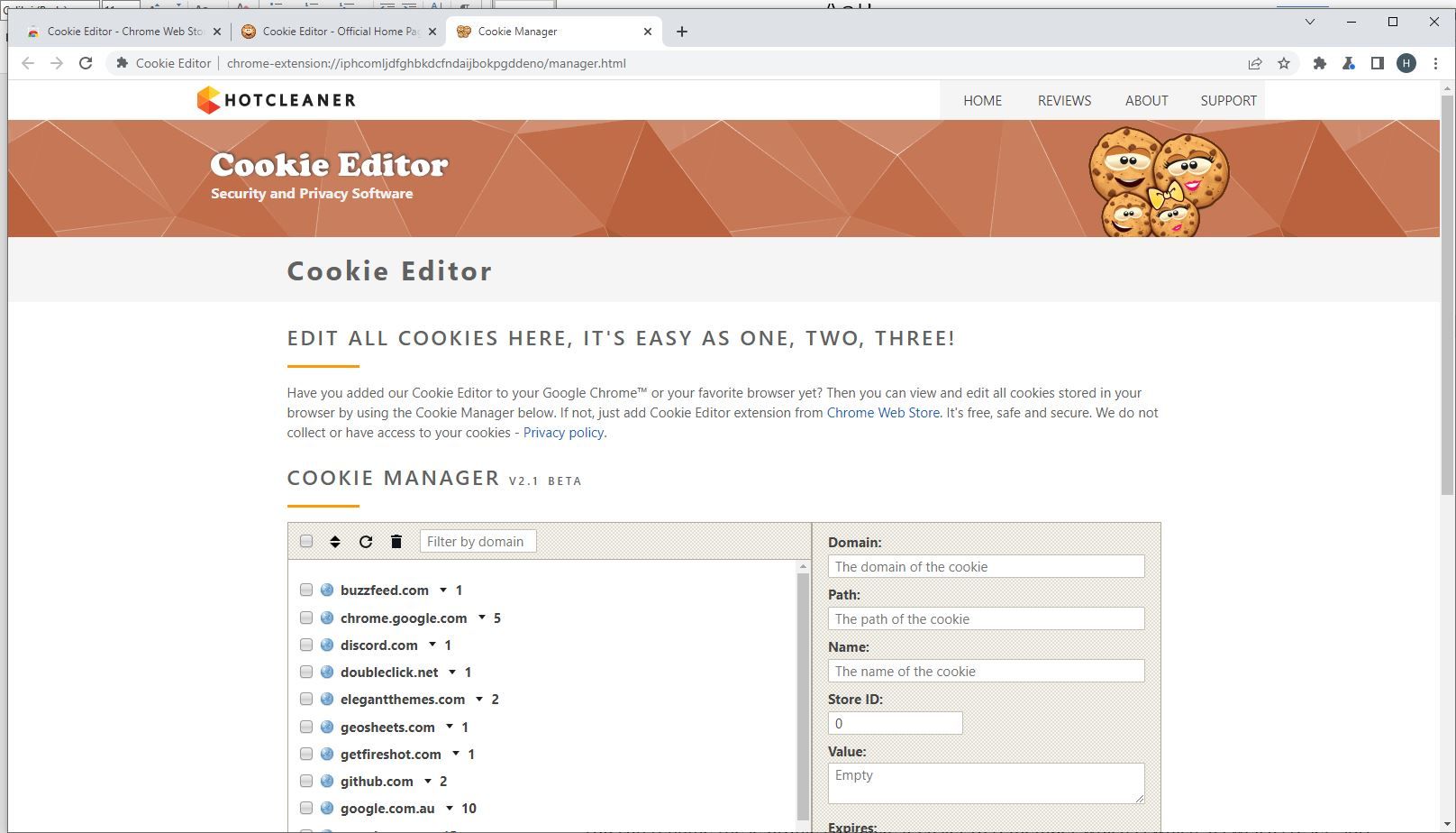 A Screenshot of the Cookie Editor Extension in Use