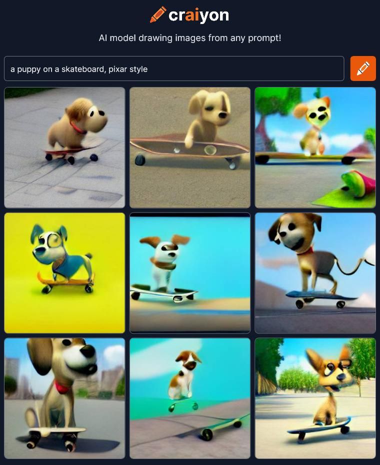 Craiyon a Puppy on a Skateboard Pixar Style