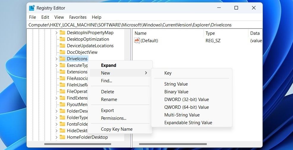 Creating a new key in the Registry Editor window
