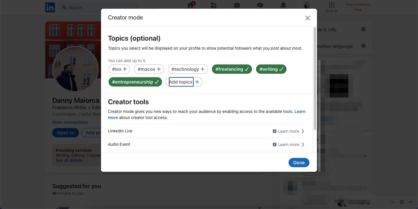 Screenshot showing Creator Mode on LinkedIn