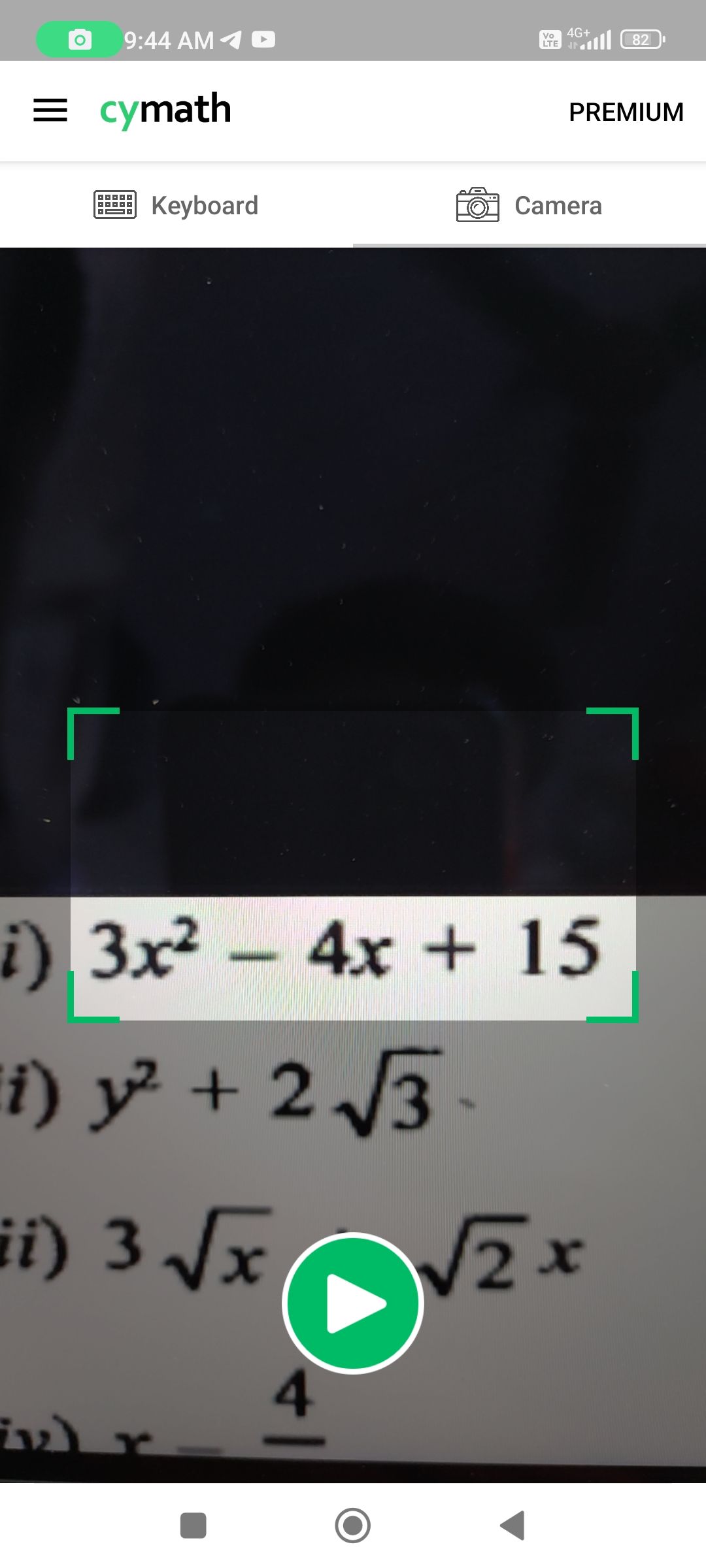 Cymath app scanning an equation