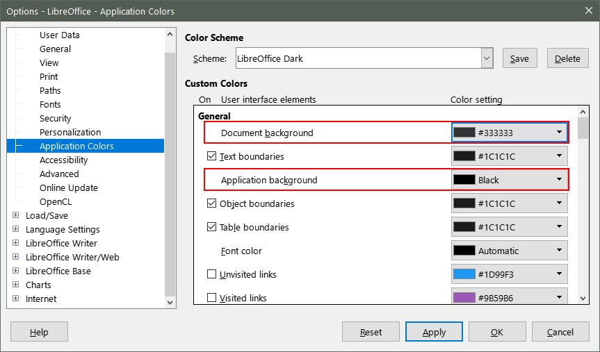 Dark Mode Application Colors in LibreOffice under Tools > Options > Application Colors
