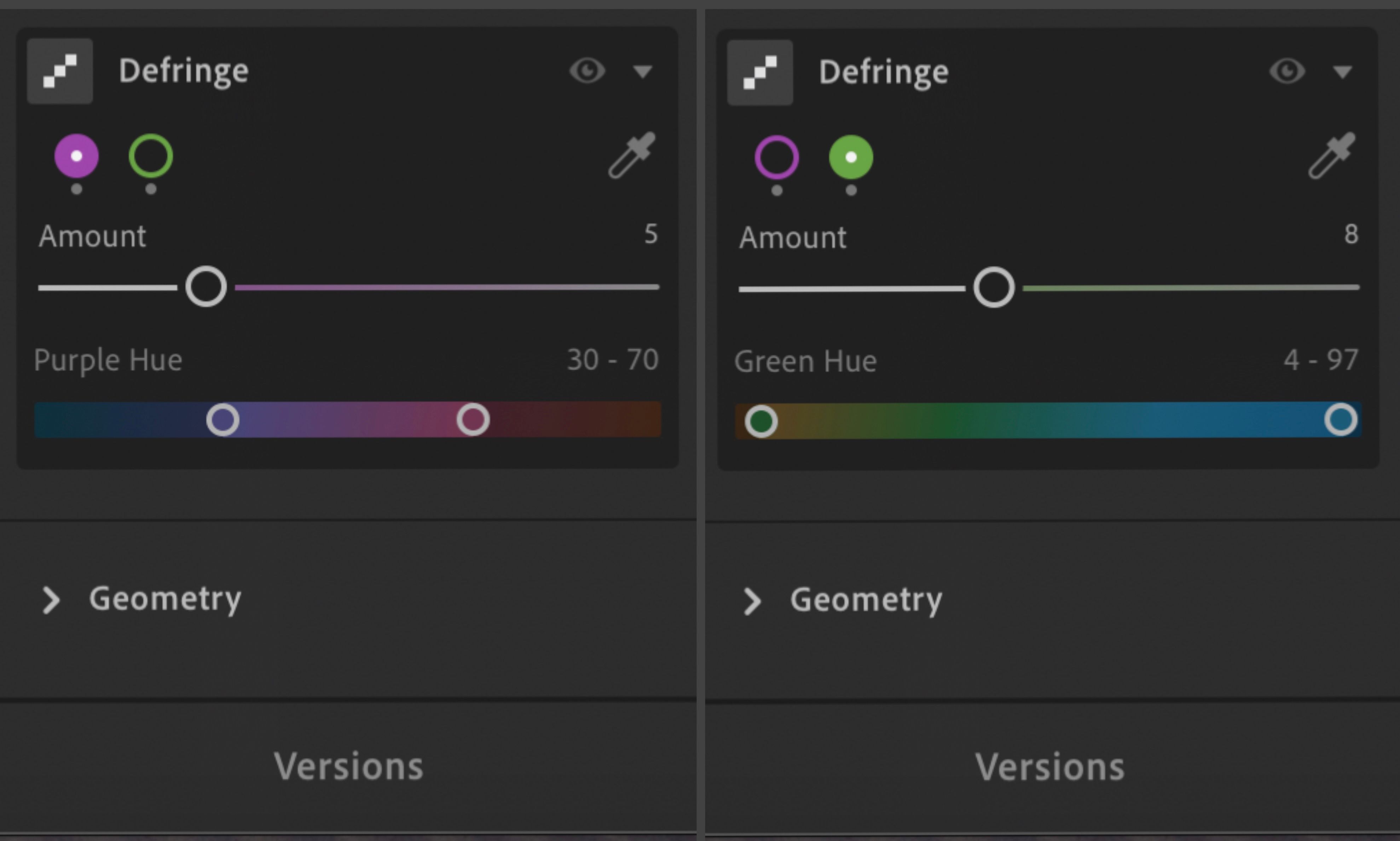 ابزار Defrange در Adobe Lightroom که مقدار رنگ و رنگ ها را نشان می دهد