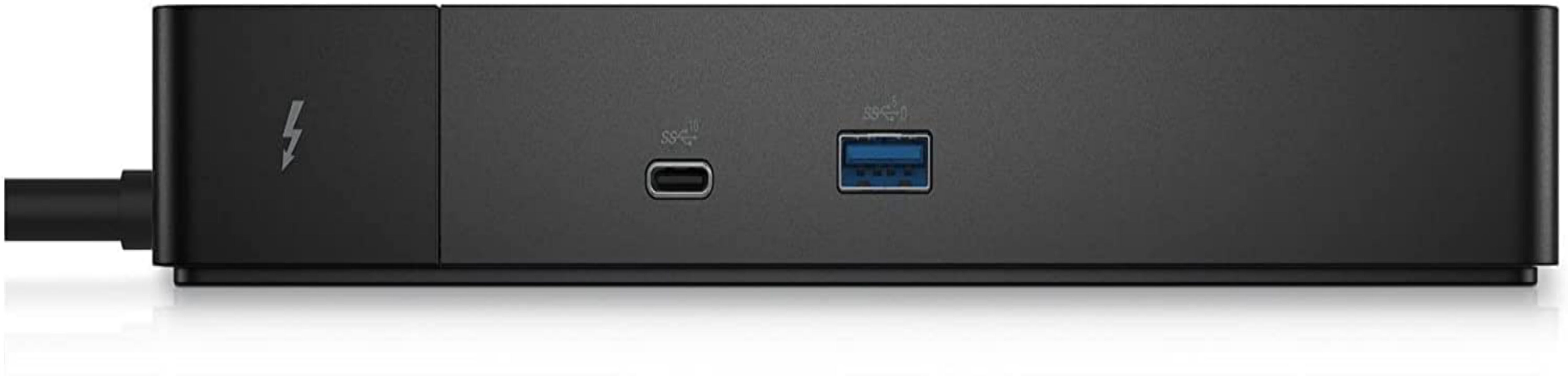 Hình ảnh mặt trước của đế cắm Dell thunderbolt 4 màu đen hiển thị các cổng ethernet và USB-C 3.2 Gen 2