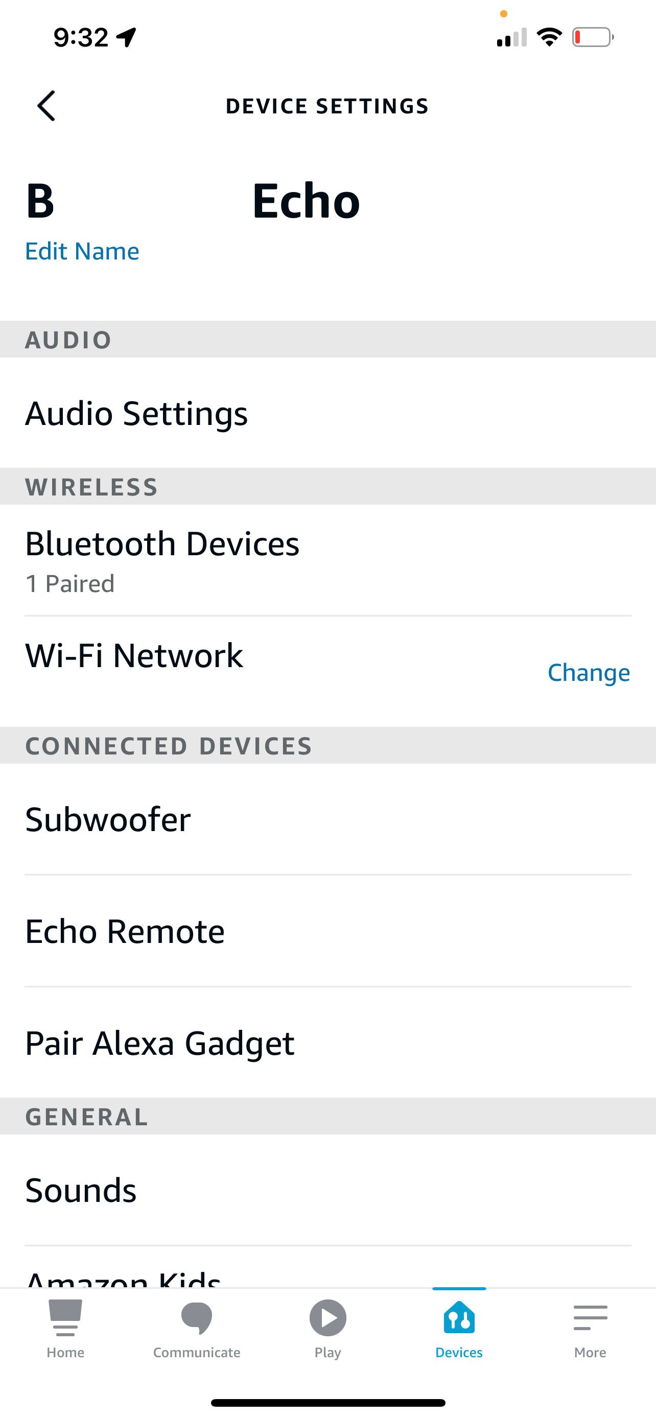 Echo device settings including Bluetooth Devices under wireless settings.