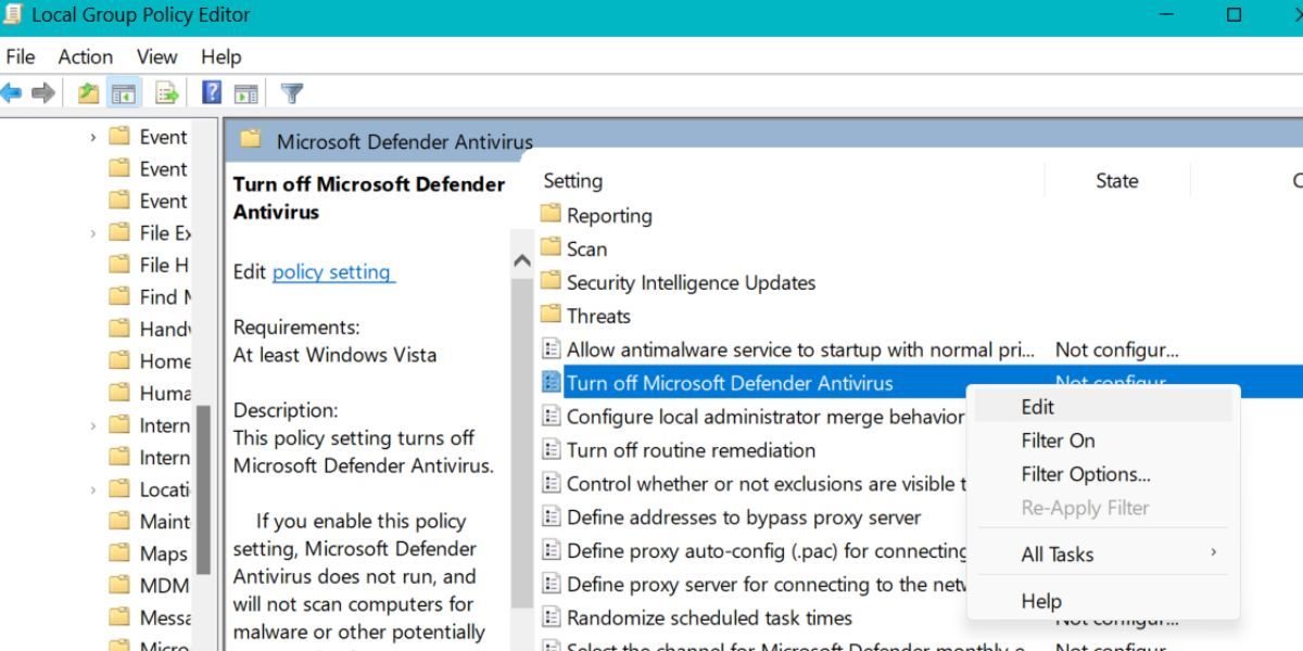 Group Policy Editor windows defender settings