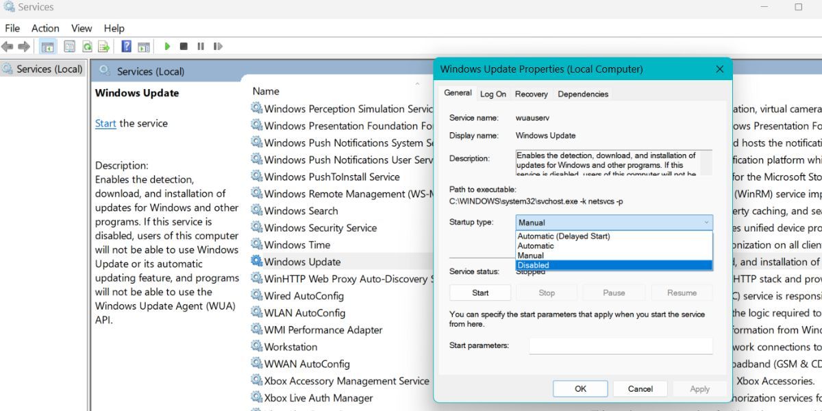 Disable Windows Updates in Services utility