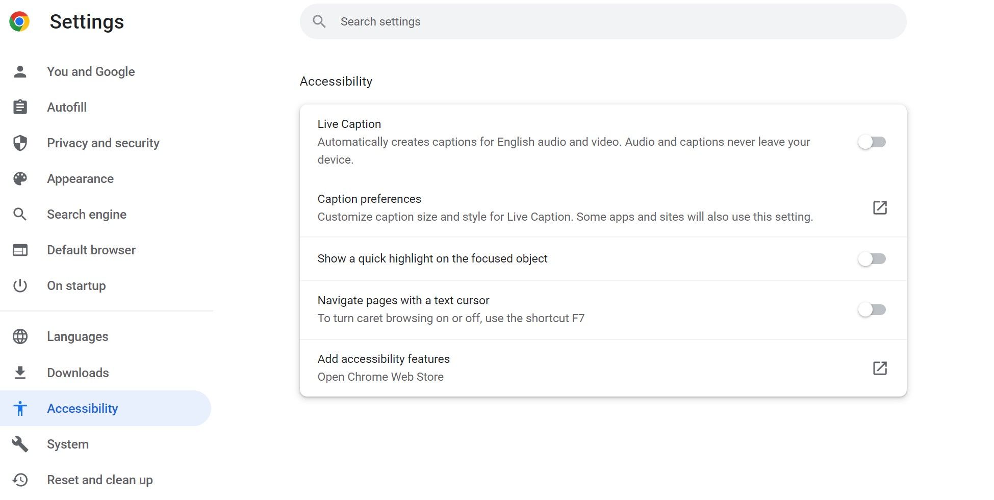 Disabling Live Caption Feature in Google Chrome's Settings