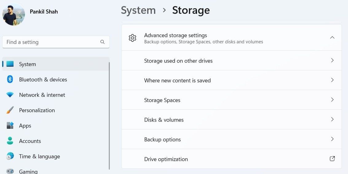 Advanced storage settings in the Settings app
