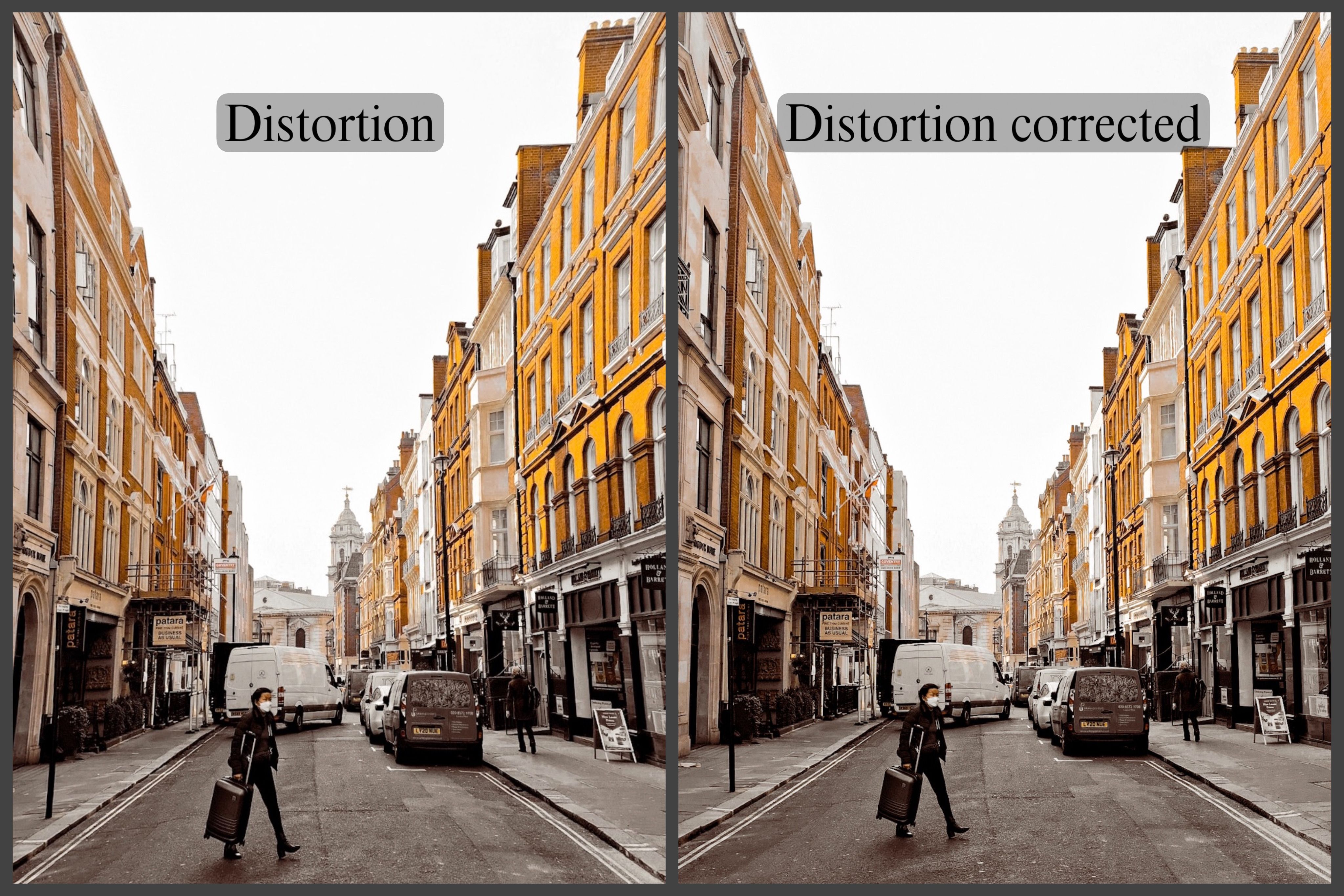 Before and after distortion of street buildings in London