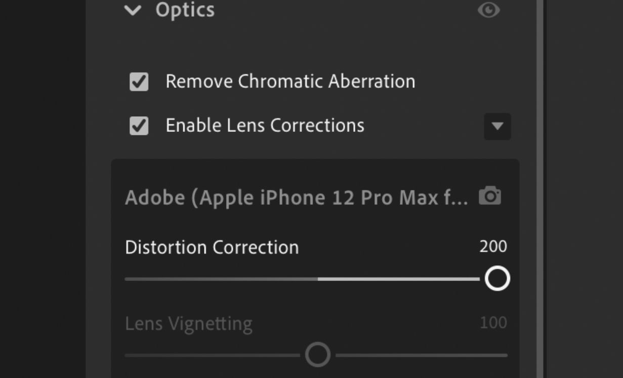 Distortion correction settings in Adobe Lightroom