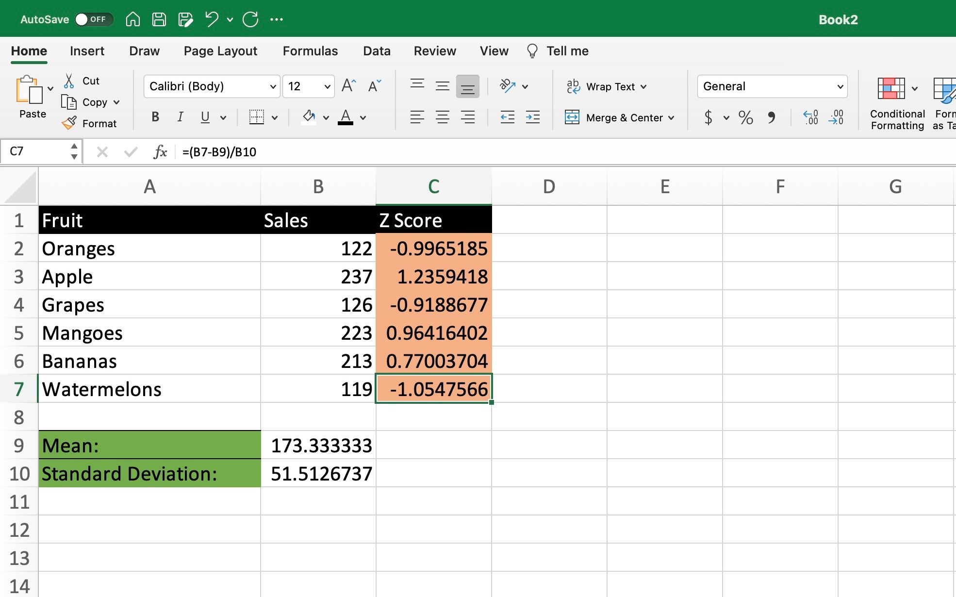 Calculate z deals score in excel