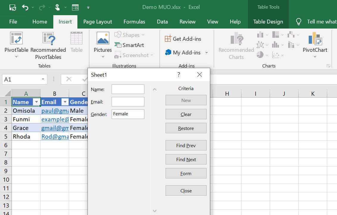 Excel form filtering