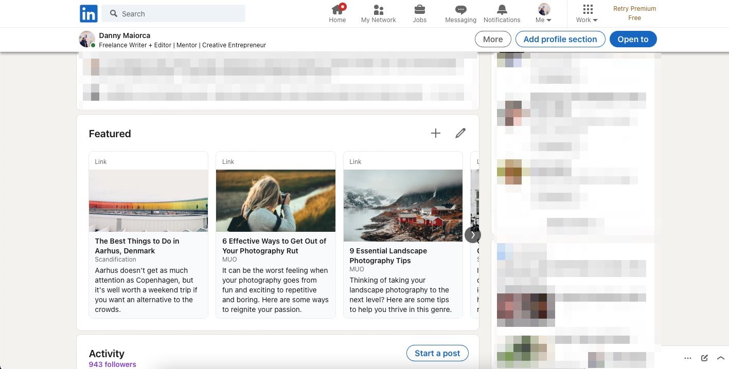 Screenshot Showing the Featured Section on LinkedIn