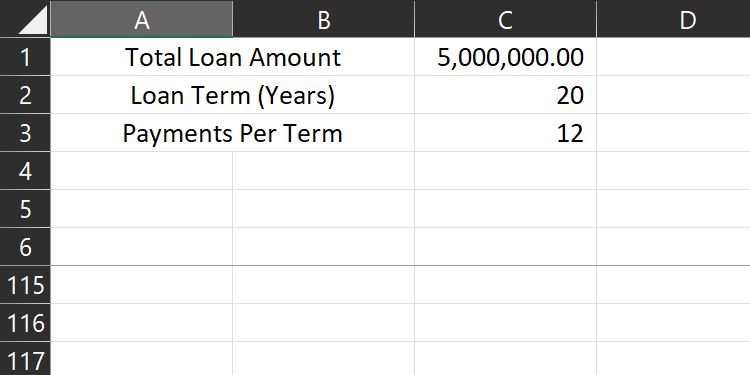 Initial Loan Data typed in Excel