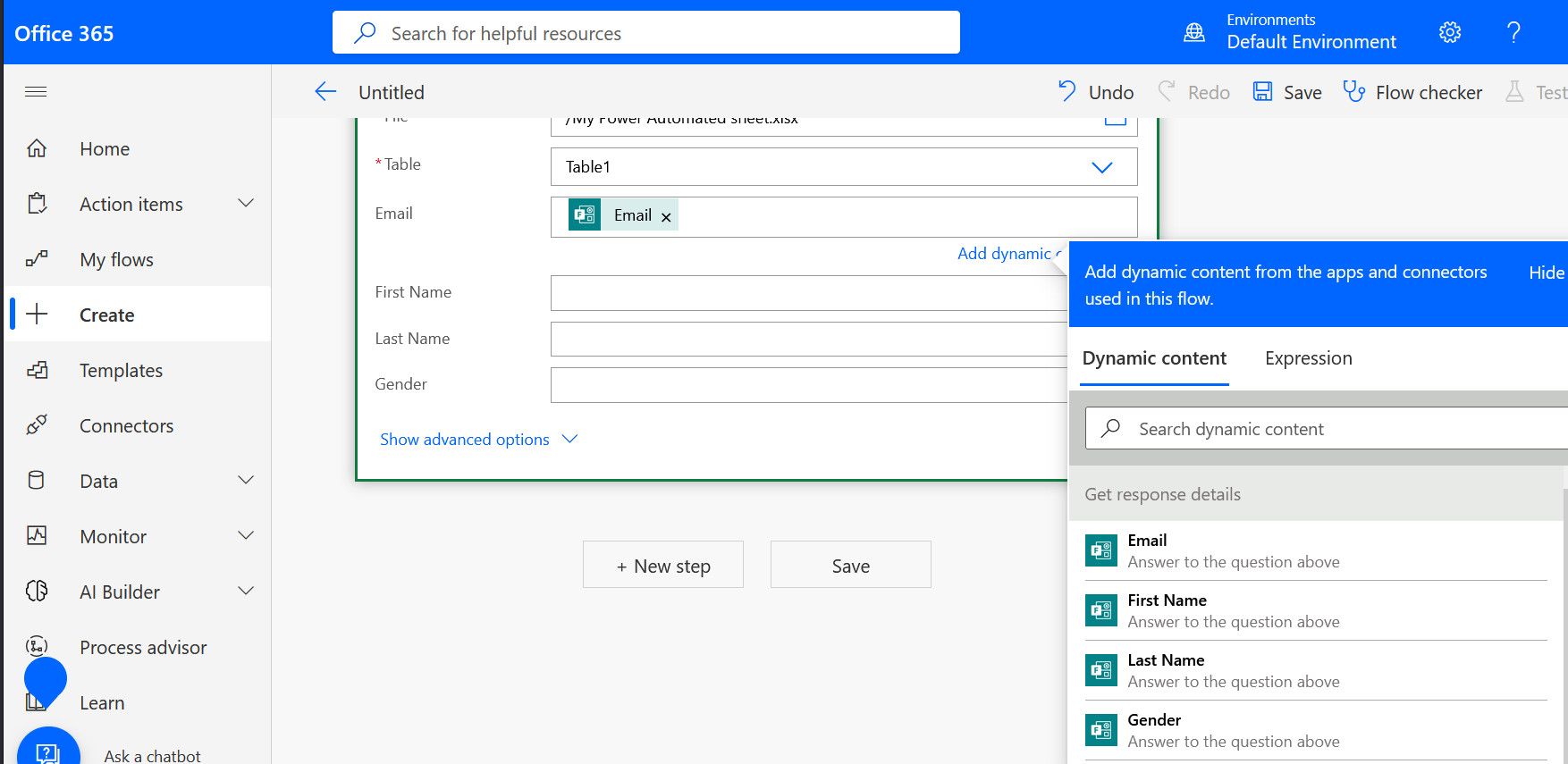 انتخاب فیلدهای فرم در Power Automate