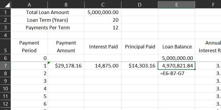 Formula for Loan Balance in Microsoft Excel