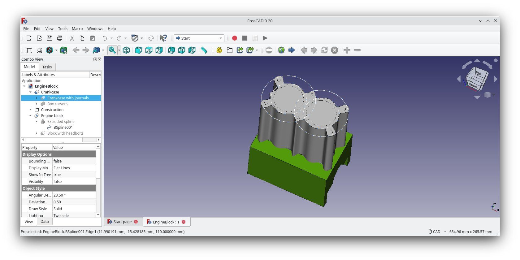 A screenshot of FreeCAD with the sample Engine Block file open.
