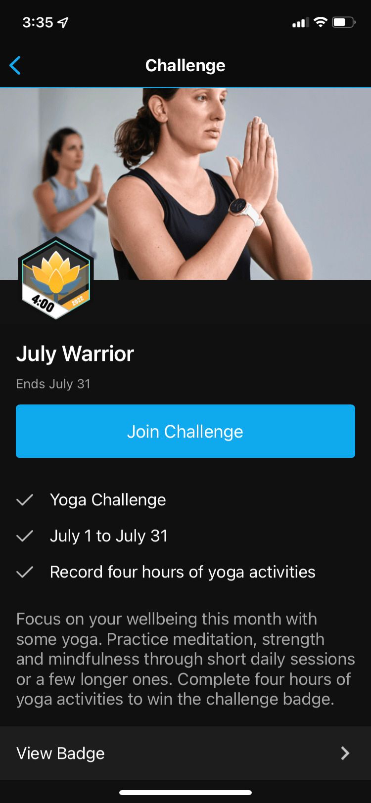 Garmin Connect App July Warrior Challenge