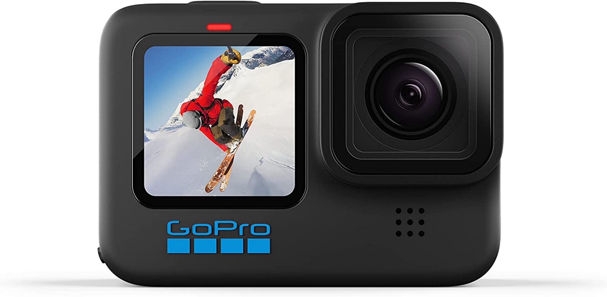 A face shot of a GoPro Hero10 with a photo of a skier on the display