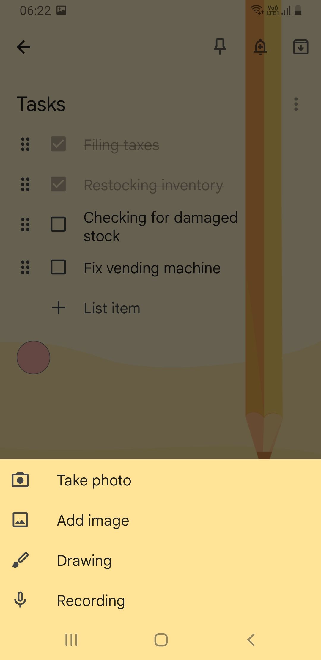 Google Keep features on a phone