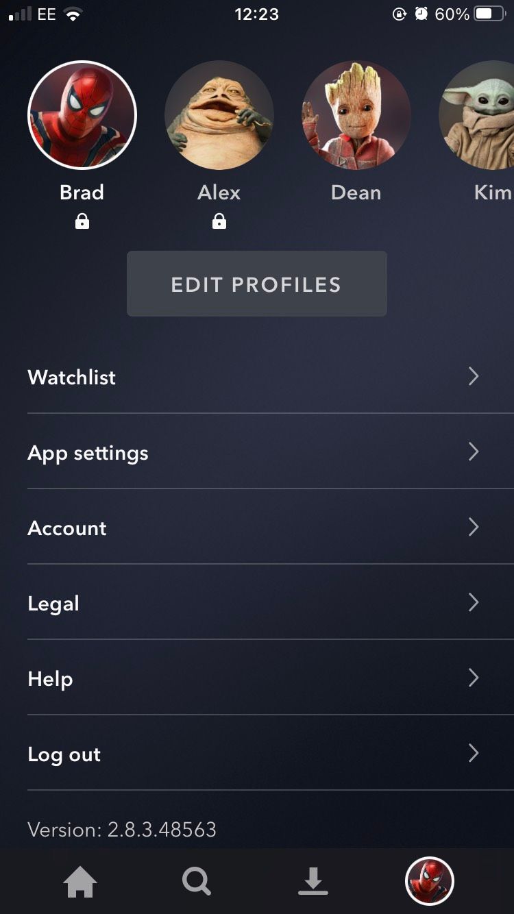 The Settings menu on the Disney Plus iOS app