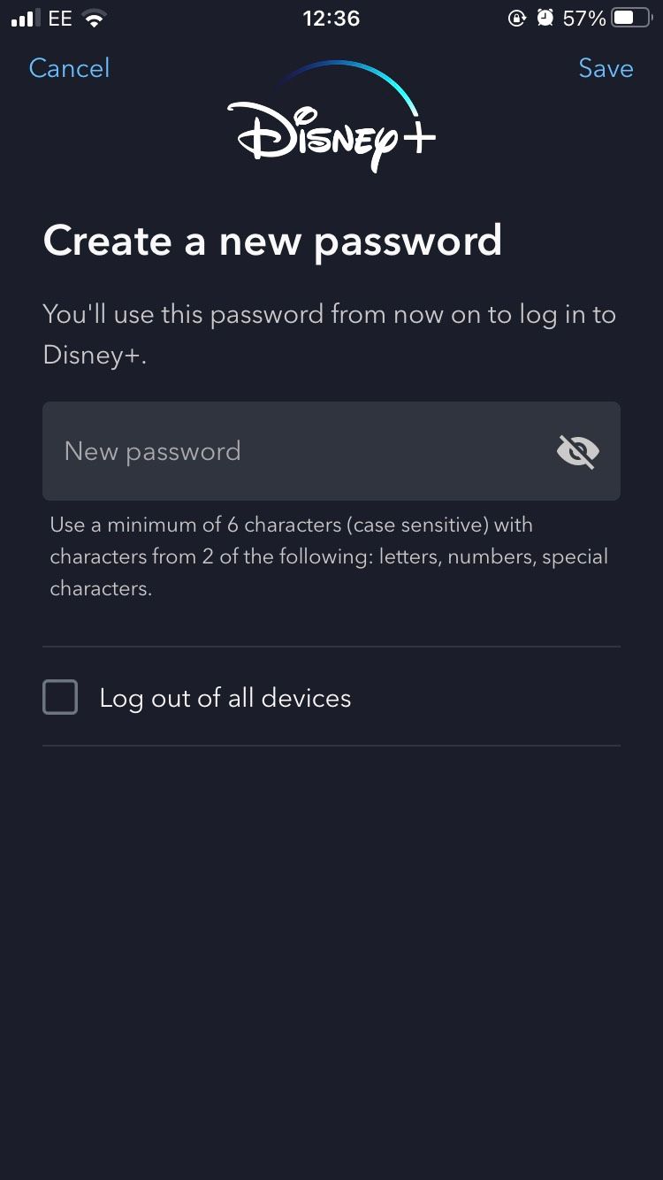 صفحه ایجاد رمز عبور جدید در برنامه Disney Plus iOS