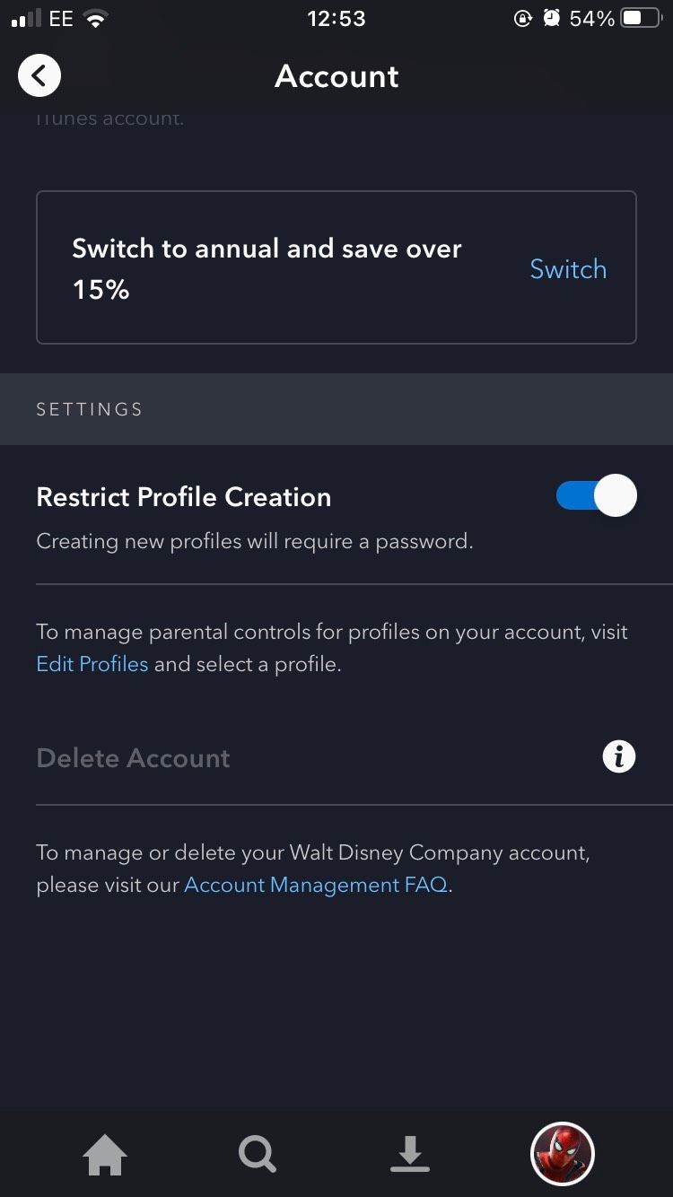 The Restrict Profile Creation section on the Disney Plus iOS app