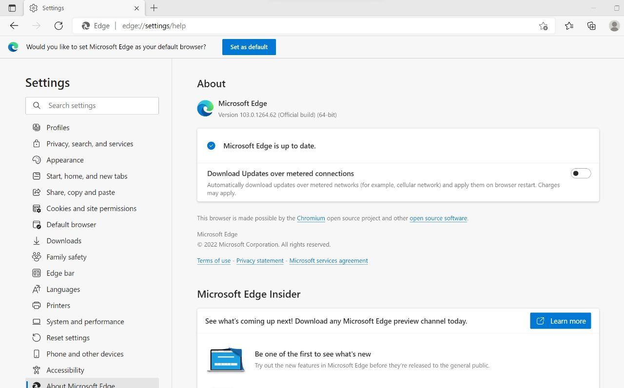 Checking for Available Updates in Microsoft Edge Settings
