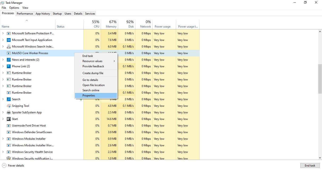Opening Properties of MoUSO Core Worker Process in Task Manager of Windows 10