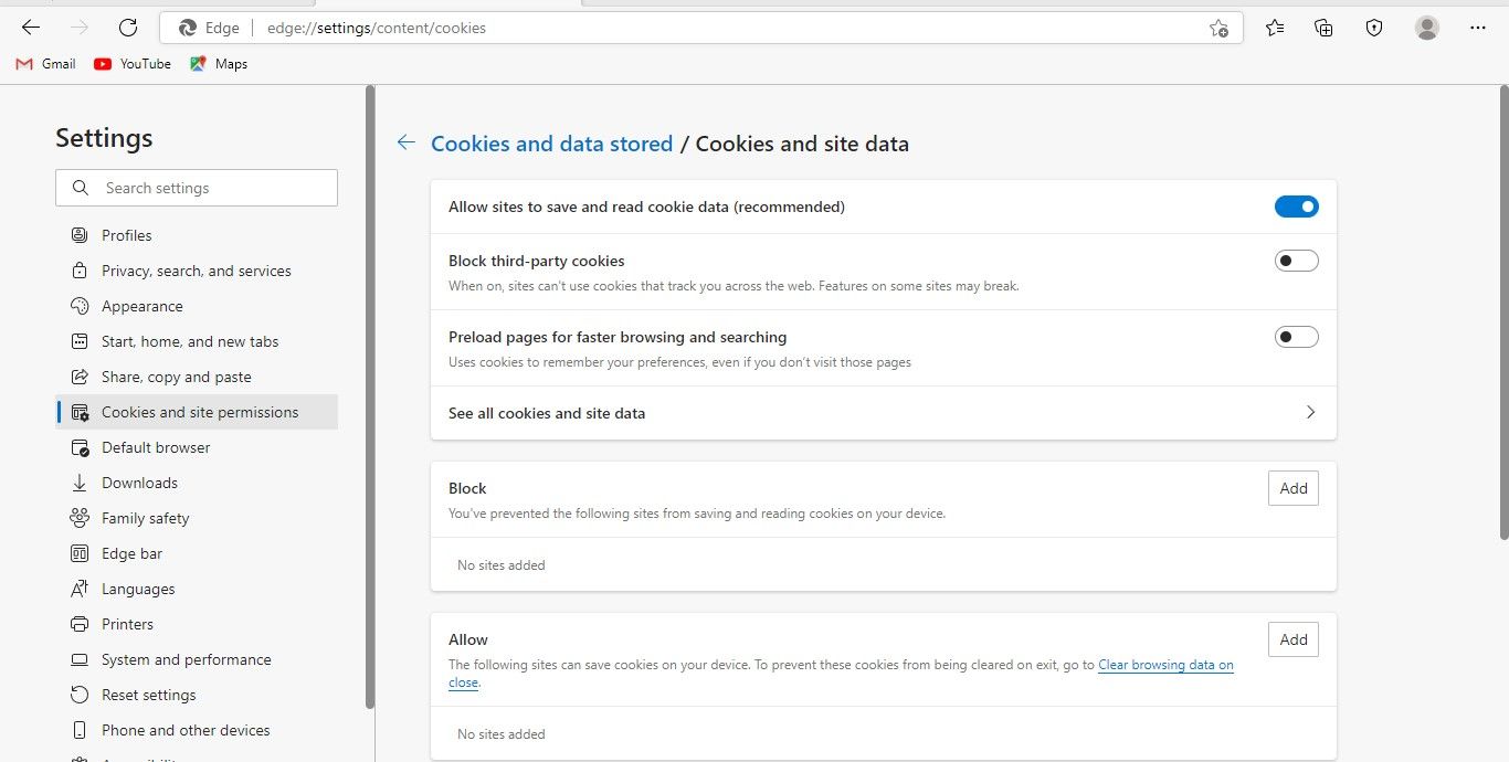 Enabling Allow Sites to Save and Read Cookie Data Option in Microsoft Edge Cookies Settings