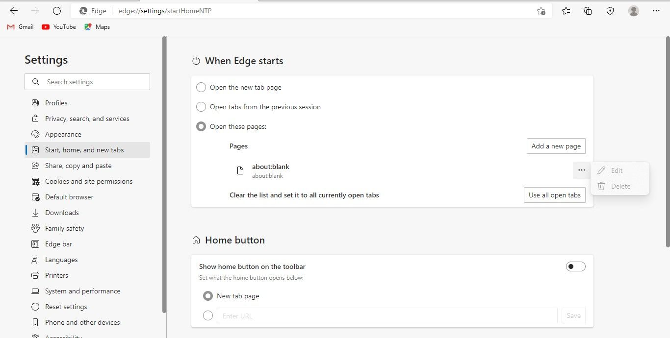 Removing the AboutBlank Address to Open at Startup in Microsoft Edge Settings