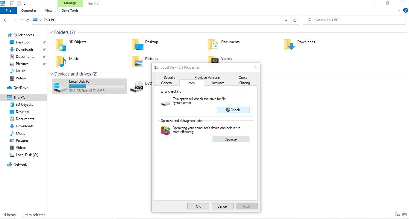 Exploración del disco en busca de errores en la pestaña Propiedades de la unidad de disco en Windows 10