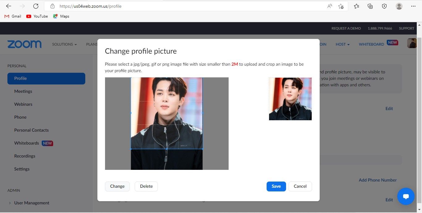 Changing the Profile Picture by Clicking on the Change Option on Zoom Website