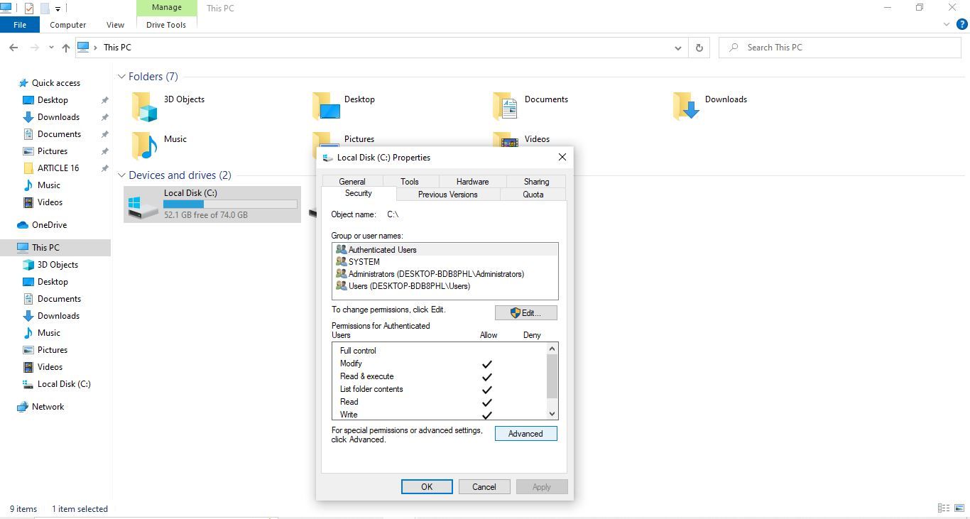 Apertura de la opción avanzada en la pestaña Propiedades de la unidad de disco en Windows 10