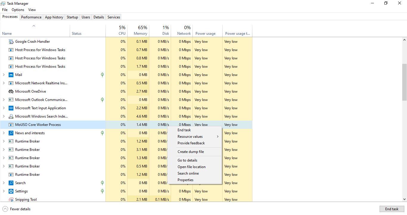 Ending MoUSO Core Worker Process in Task Manager in Windows 10