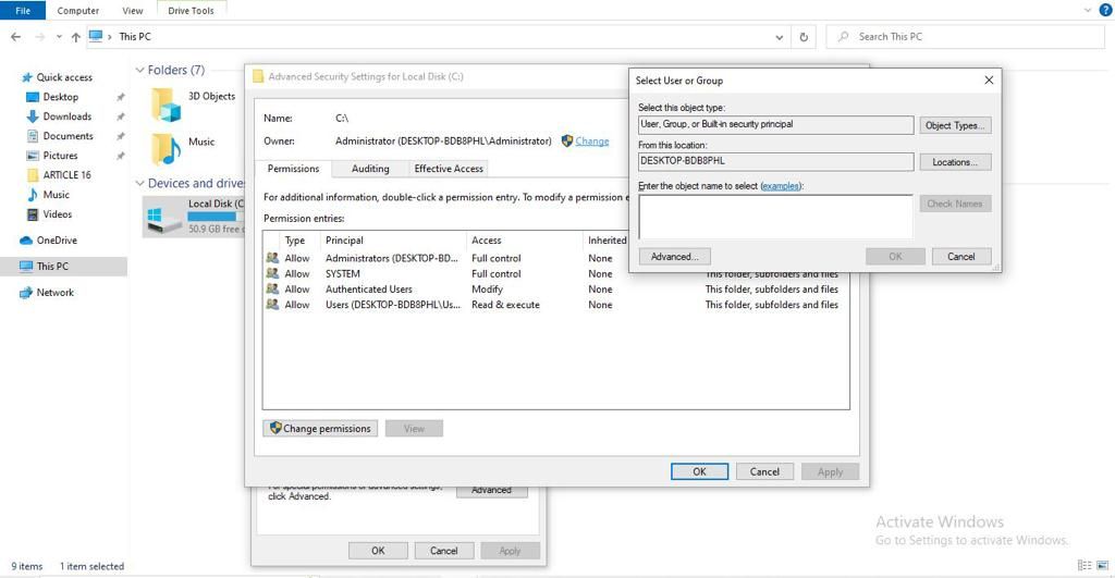 Apertura de la opción avanzada en la ventana Seleccionar usuario o grupo de la configuración avanzada de la unidad de disco en Windows 10