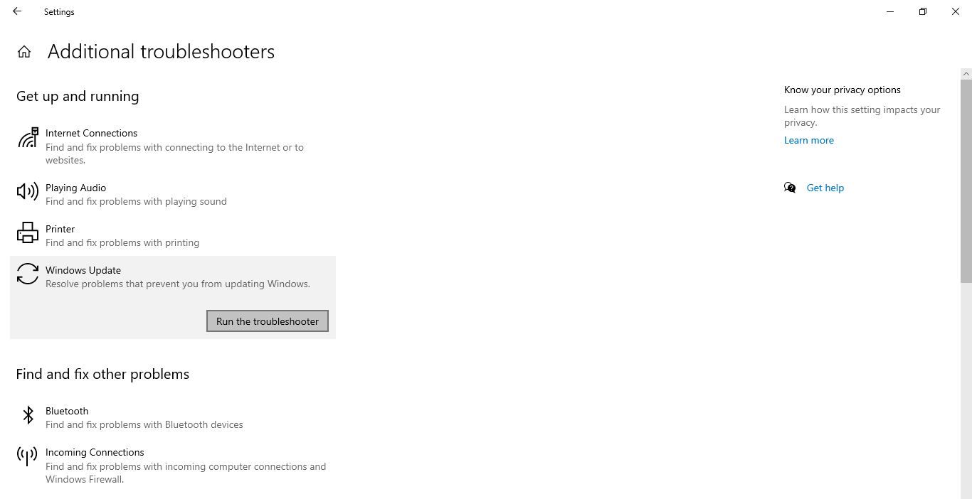 Running the Windows Update Troubleshooter in Additional Troubleshooters in Windows 10 Settings App