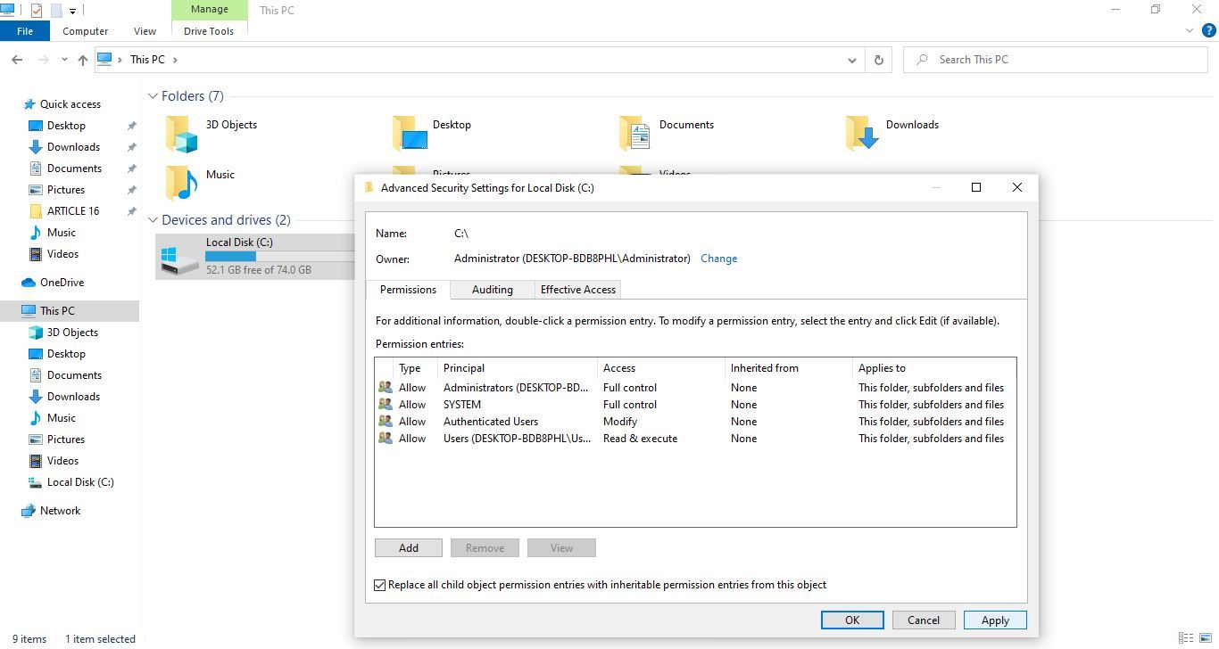 Ajuste del permiso de seguridad de la unidad para tomar posesión en la configuración de seguridad avanzada en Windows 10
