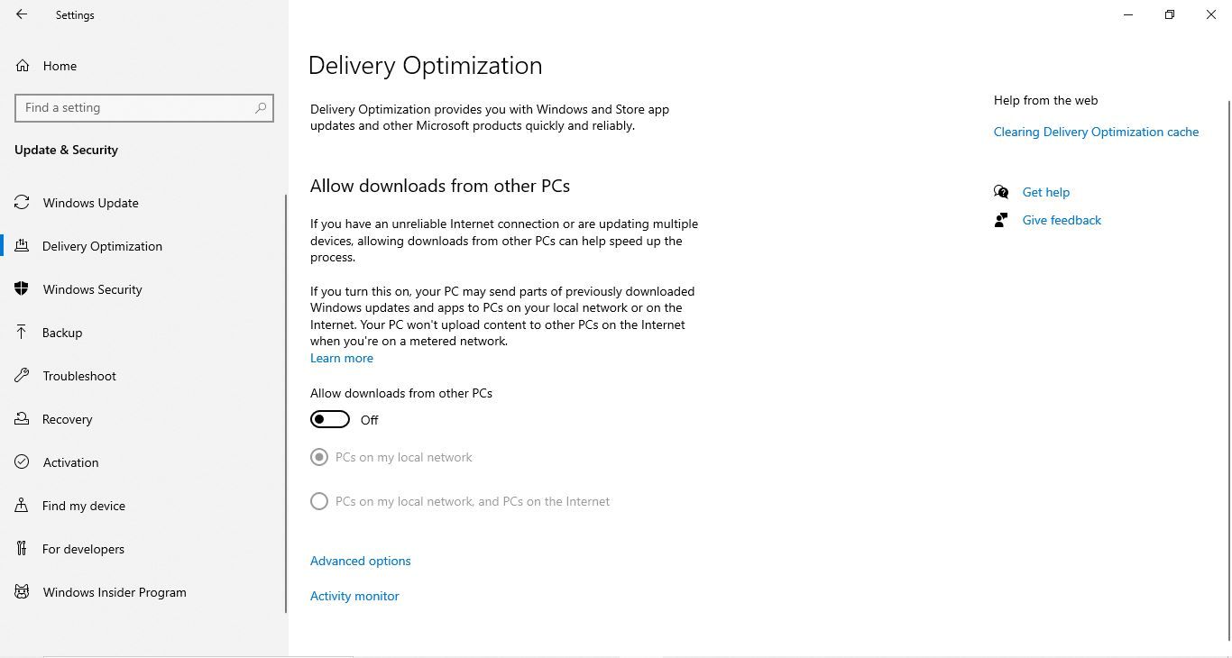 Disabling Delivery Optimization Option in Windows 10 Settings App