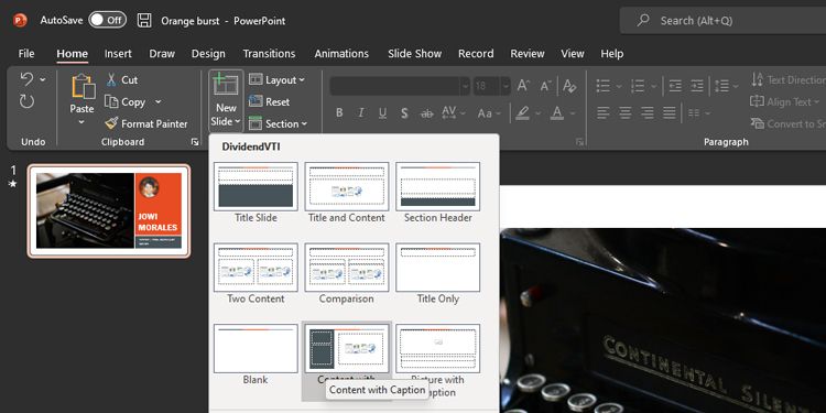 Inserting a Content with Caption Slide on PowerPoint