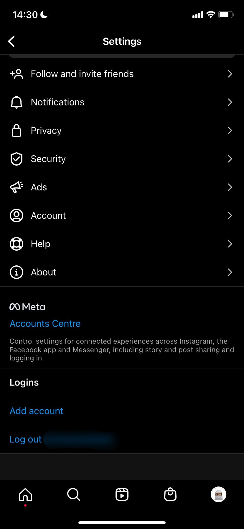 Instagram settings page on mobile
